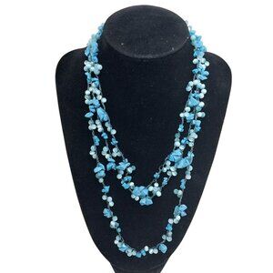 Handcrafted Multi-Strand Blue Shell Chip Beaded Necklace Knotted Cord Closure